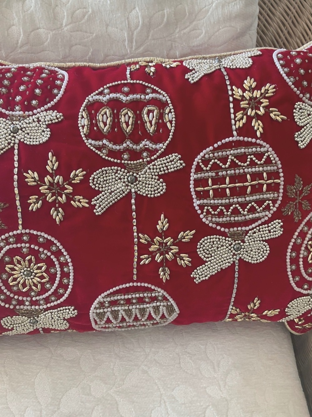 Vintage Elegant Red Velvet Hand Beaded Pillow